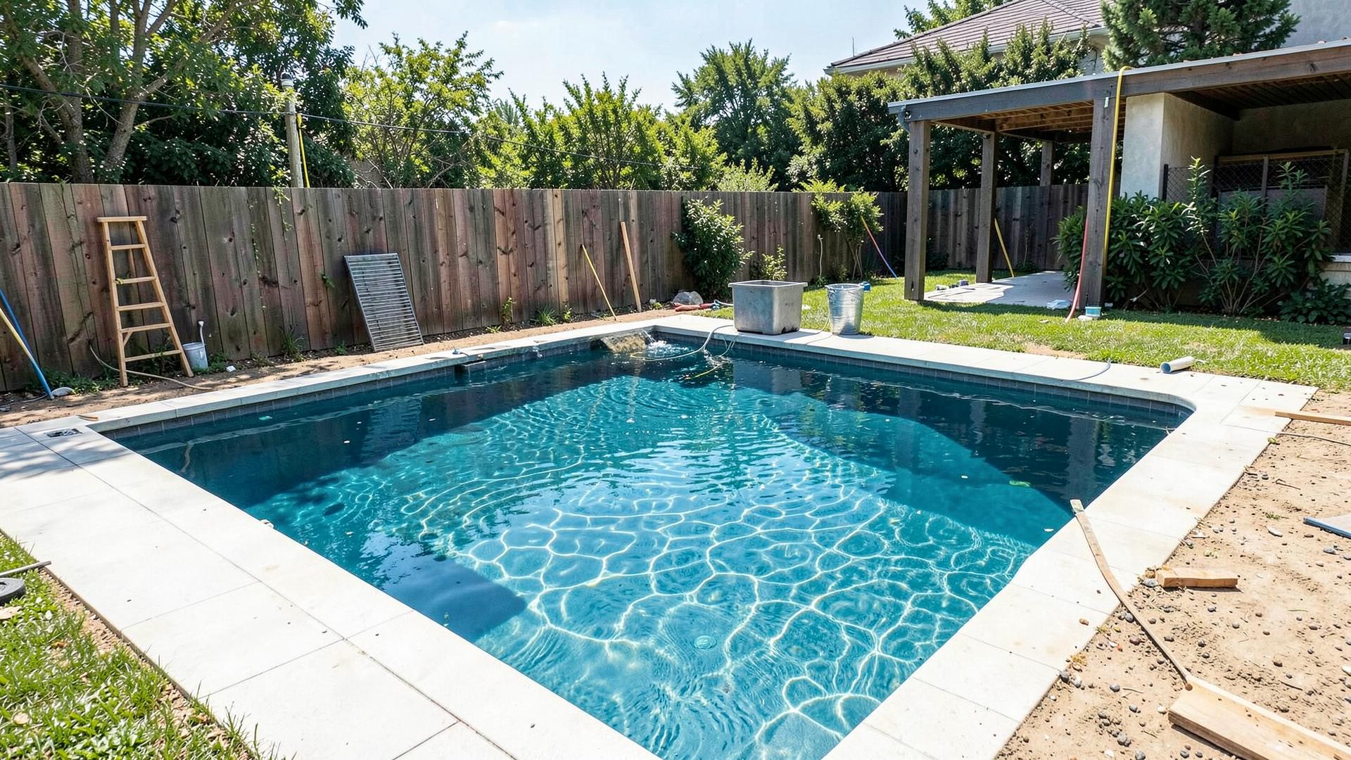 Freshly built backyard swimming pool with clear blue water